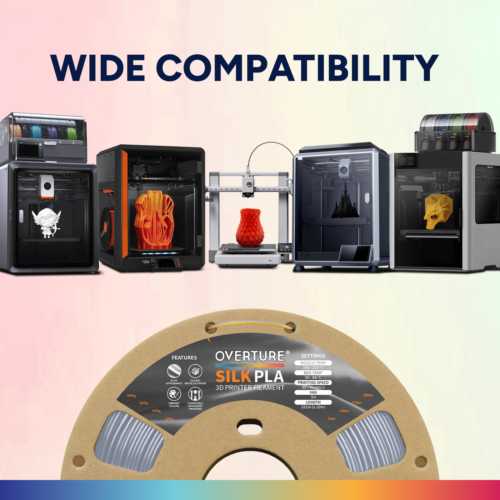 OVERTURE Filament Soie PLA Double Couleur 1,75 mm pour imprimante 3D, 1 kg bobine (2,2 lbs), Précision Dimensionnelle +/- 0,02 mm 3D Printer Filament (Soie Or-Argent)