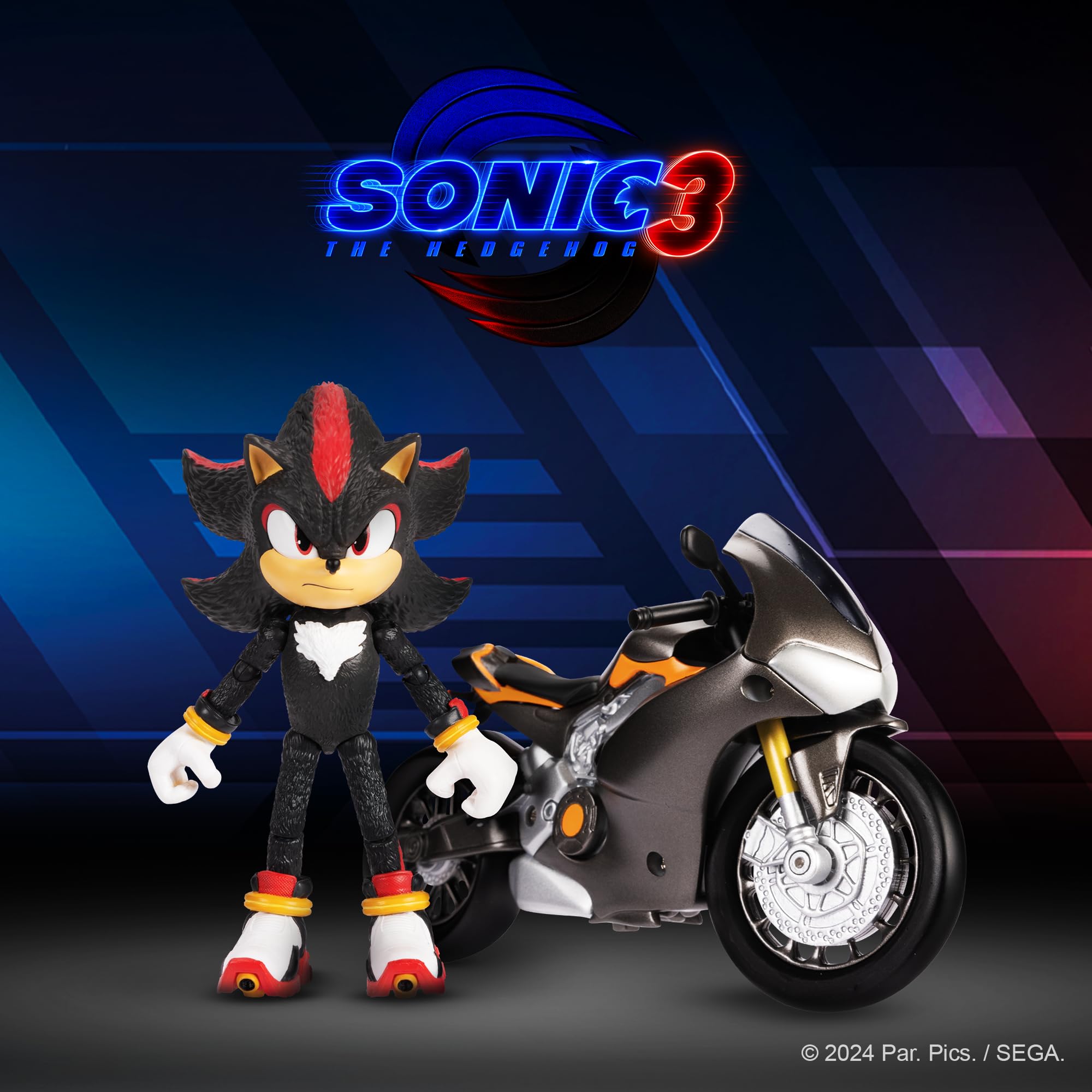 Sonic 3 The Movie - Shadow Articulated Figure Set and his Sports Bike - Officially Licensed - 13 cm - Realistic Details - Collectible Figures - For Fans - Gift Idea for Children Ages 3 and Up