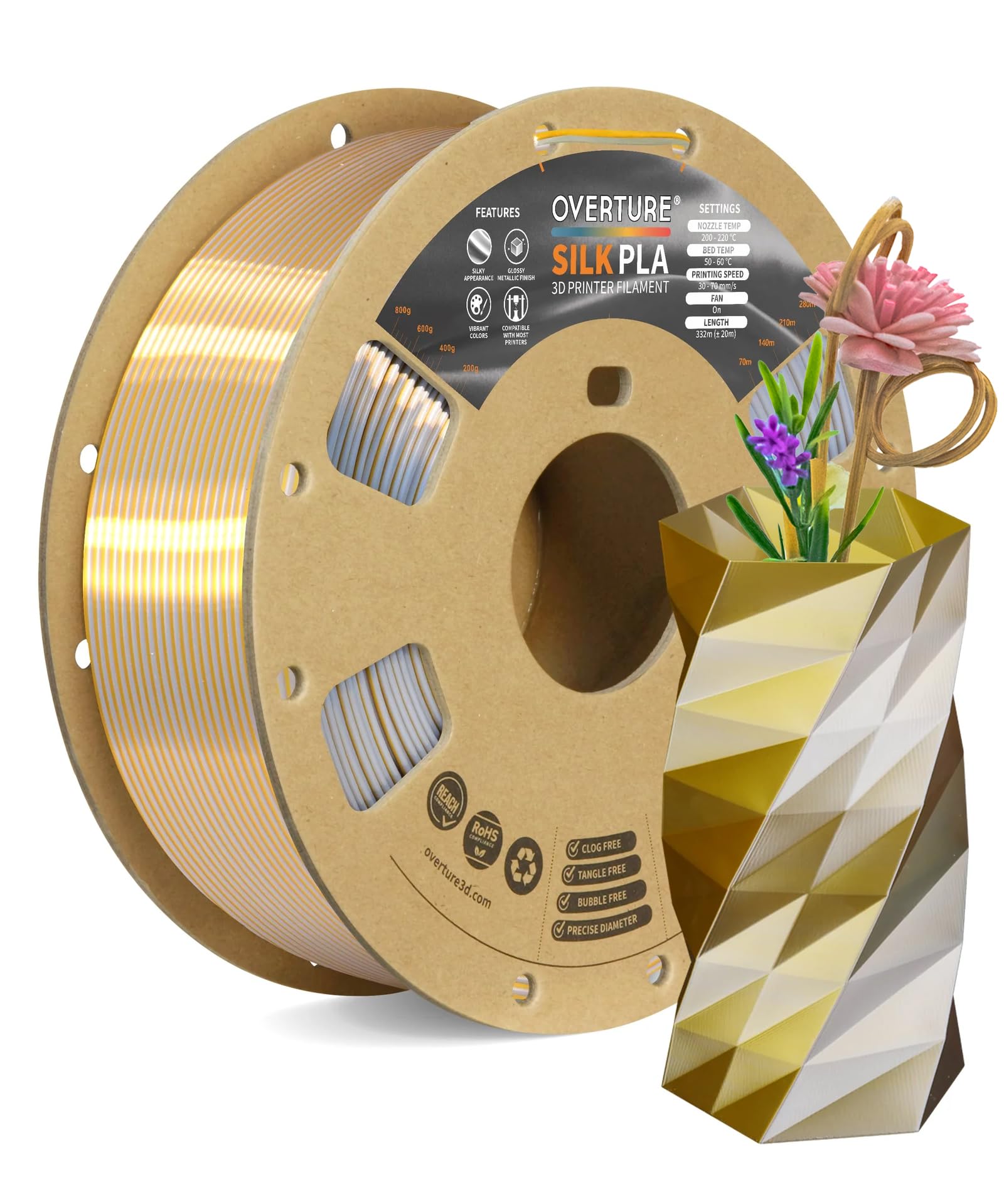 OVERTURE Filament Soie PLA Double Couleur 1,75 mm pour imprimante 3D, 1 kg bobine (2,2 lbs), Précision Dimensionnelle +/- 0,02 mm 3D Printer Filament (Soie Or-Argent)