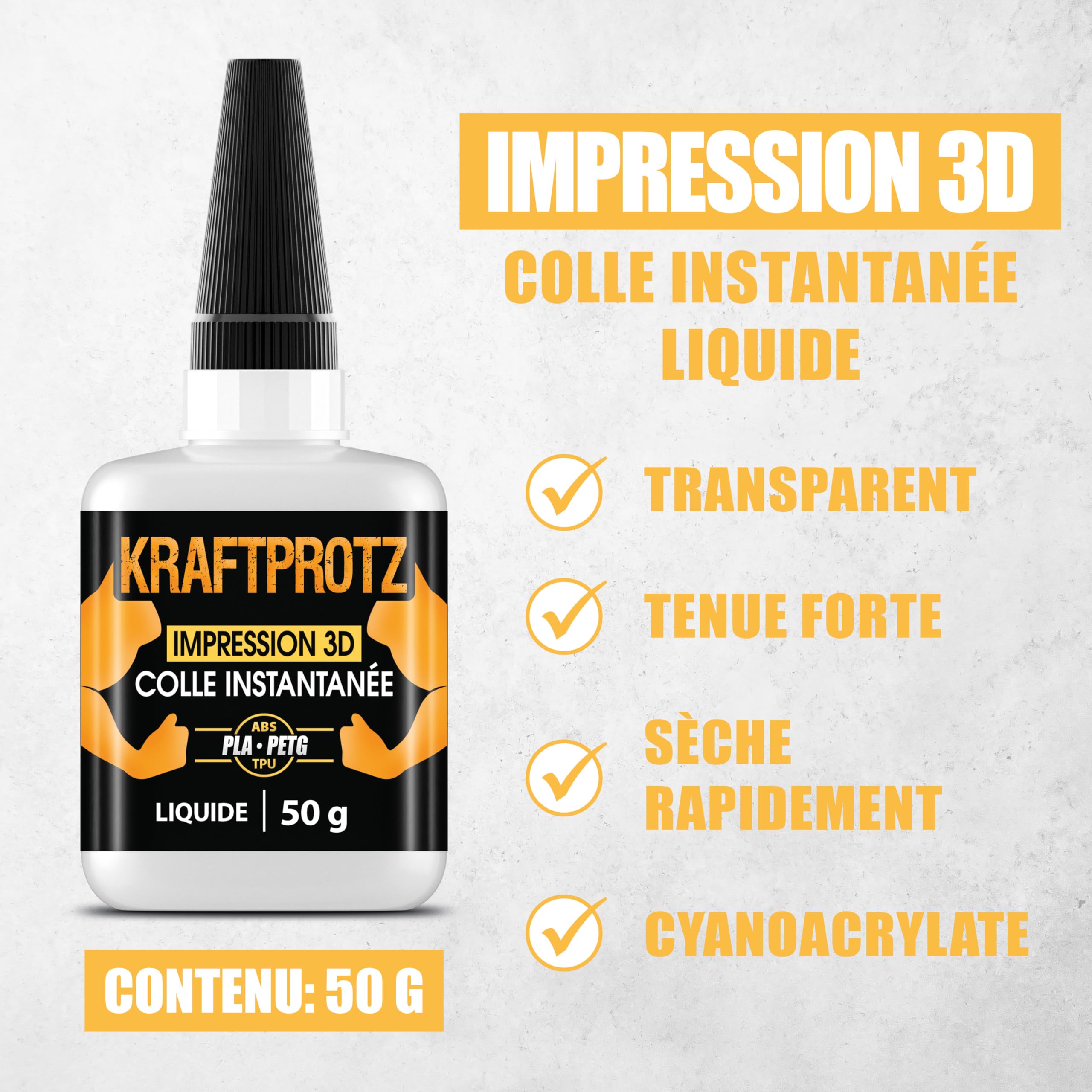 Colle liquide impression 3D extra forte 50 g – super glue XXL pour PLA, ABS, PETG, TPU & plus – fluide, transparente & résistante à l’eau/chaleur – aiguille anti-séchage – réparations précises