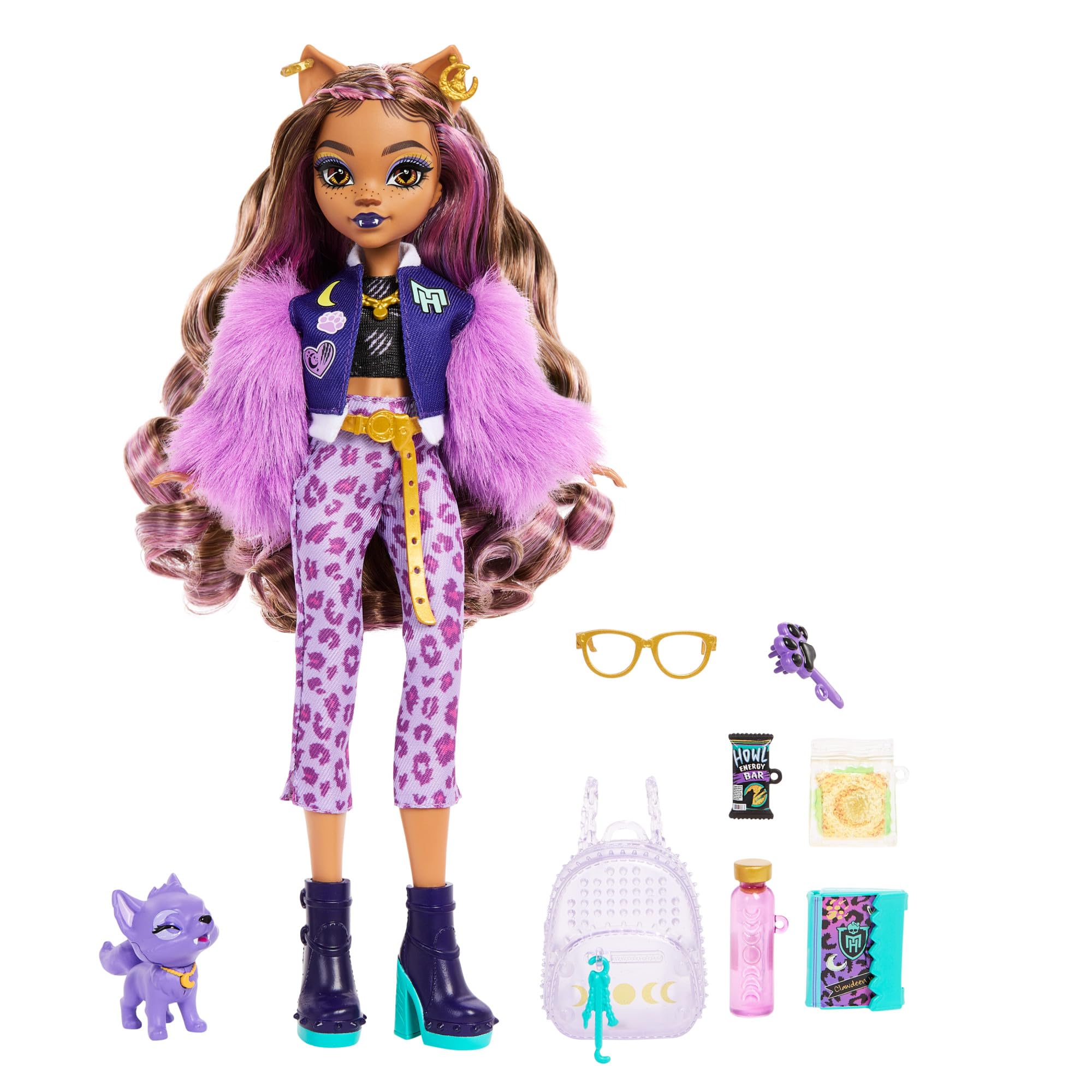Monster High Clawdeen Wolf Articulated Werewolf Doll in Trendy Outfit, with Crescent Dog, Accessories Included, Children's Toy, Ages 4+, HRP65