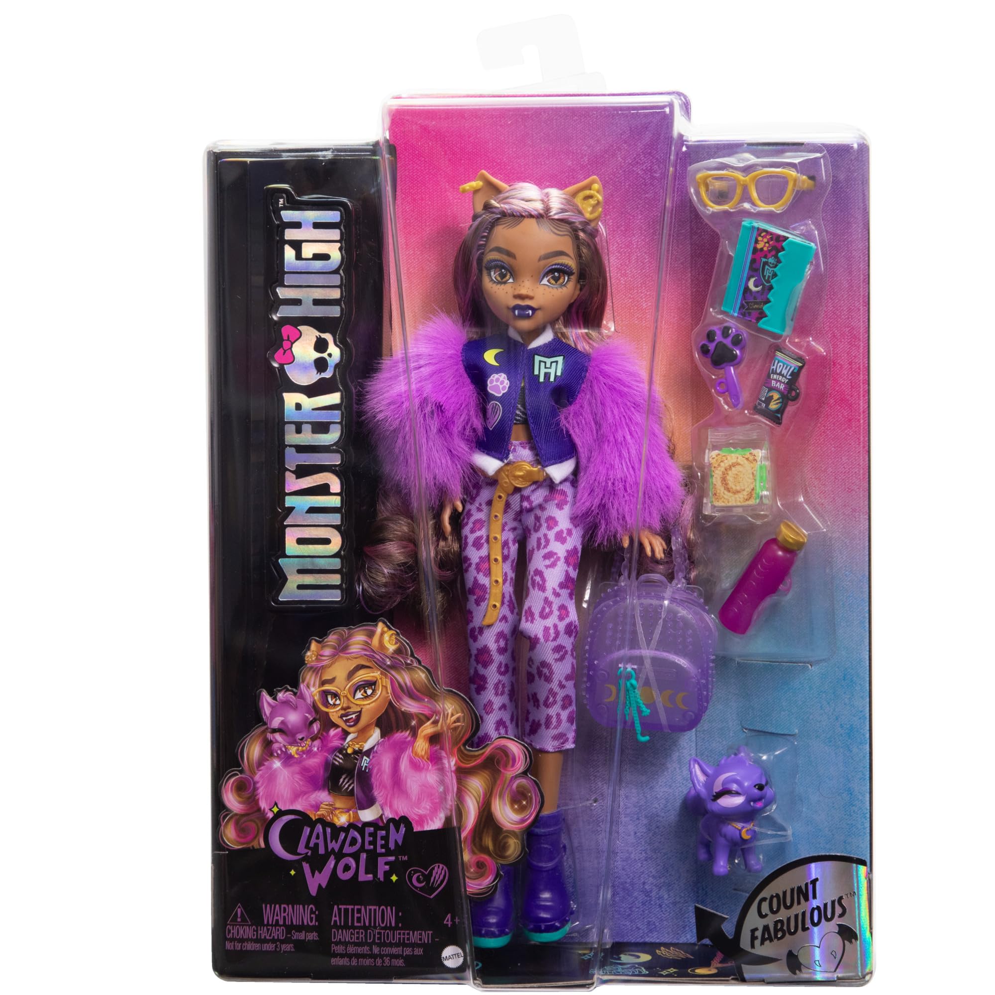 Monster High Clawdeen Wolf Articulated Werewolf Doll in Trendy Outfit, with Crescent Dog, Accessories Included, Children's Toy, Ages 4+, HRP65