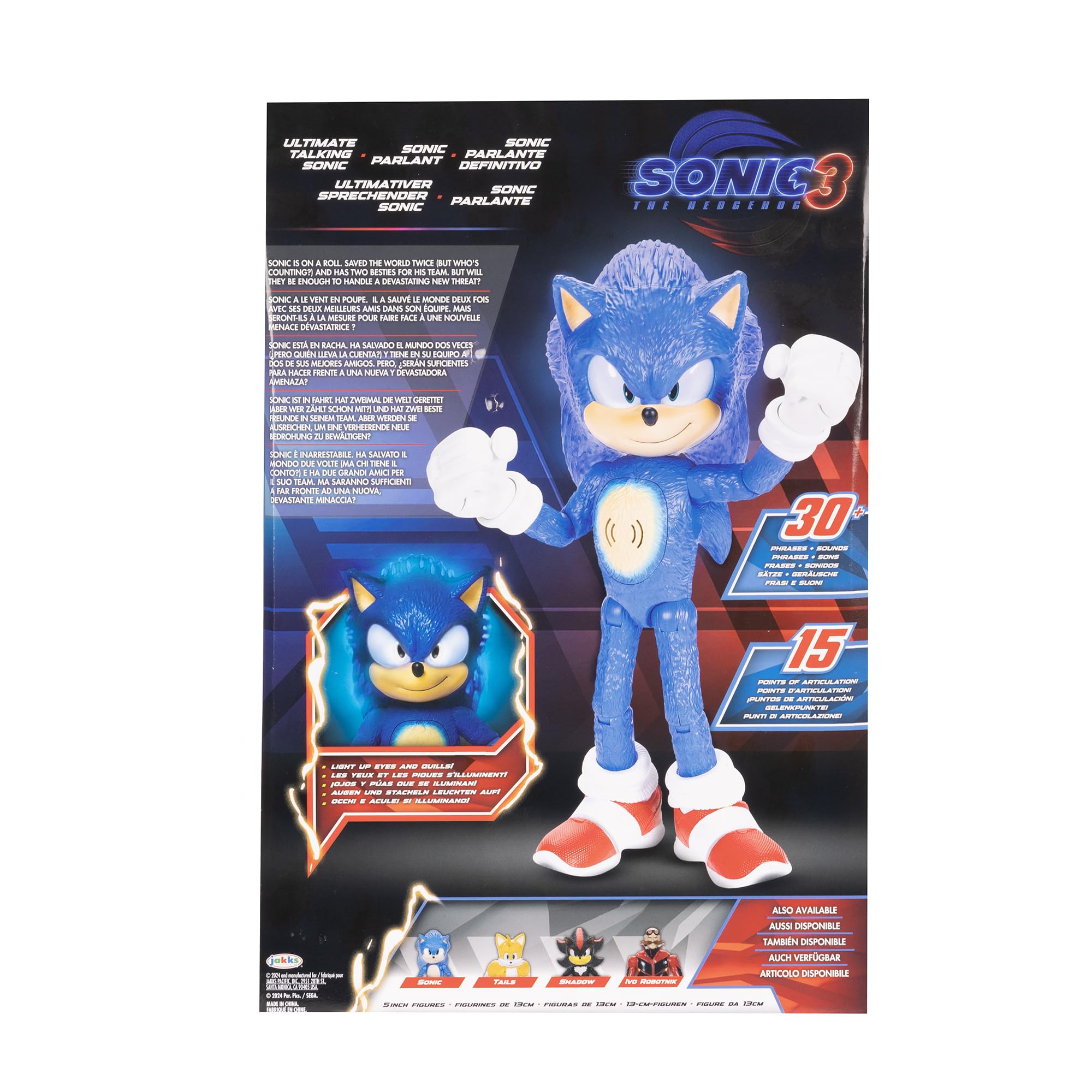 Sonic The Hedgehog 3 The Movie | Talking Sonic Action Figure | Officially Licensed | 34 cm | 30 Iconic Phrases and Sounds | Light-Up Eyes and Spikes | Collectible Toy for Children | Gift Idea for Ages 3+