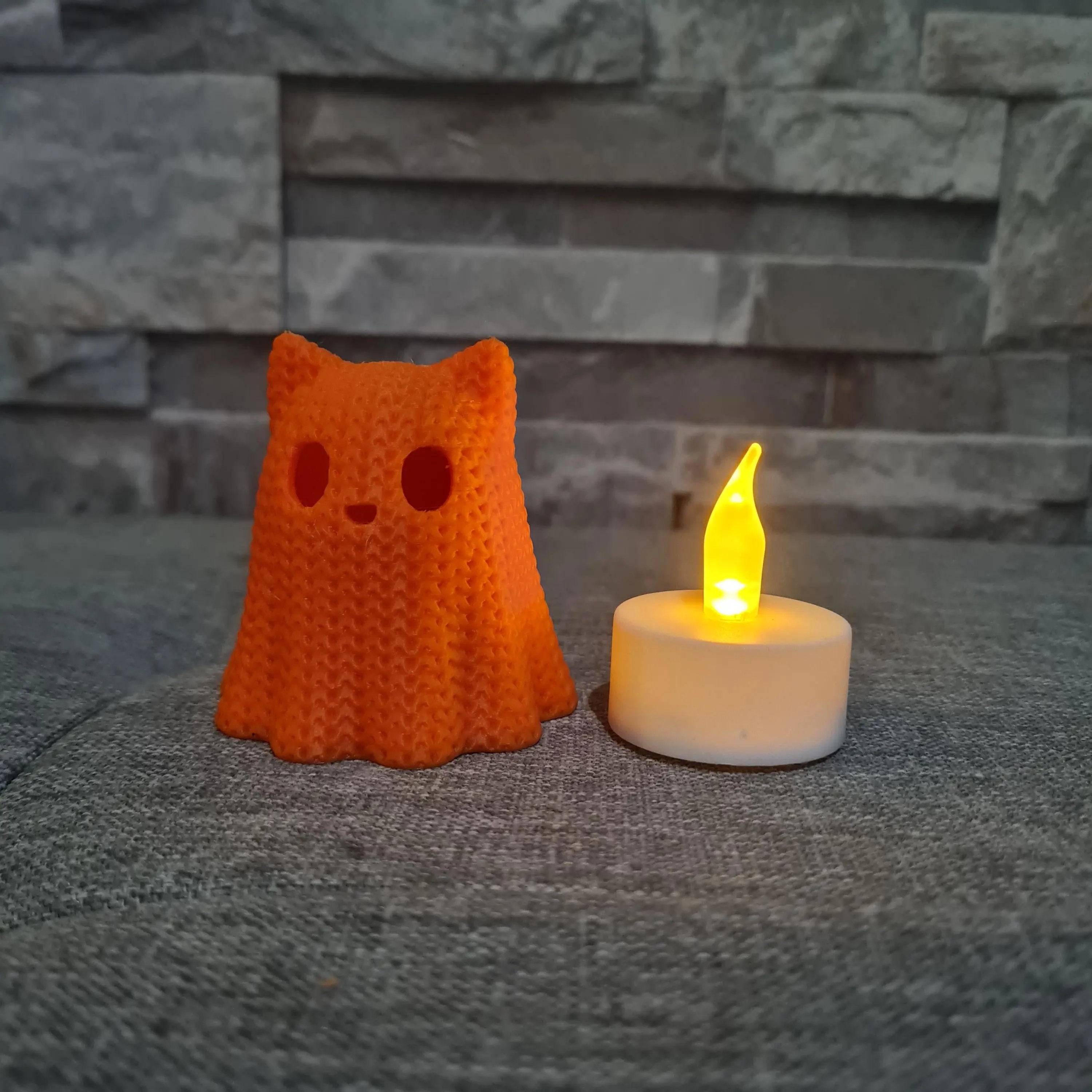 Chat Fantôme 3D effet tricot – Photophore Halloween avec bougie LED | Bandji3D Bandji3D