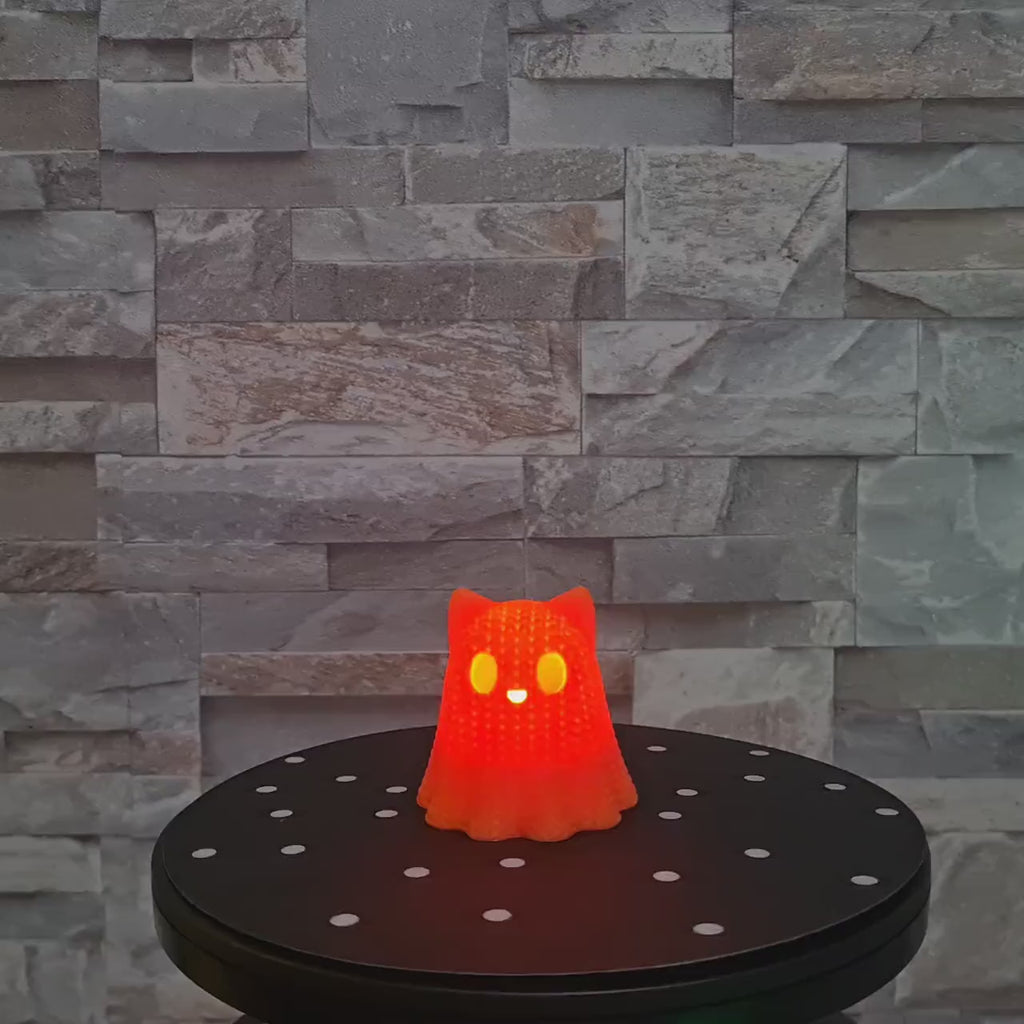 Chat Fantôme 3D effet tricot – Photophore Halloween avec bougie LED